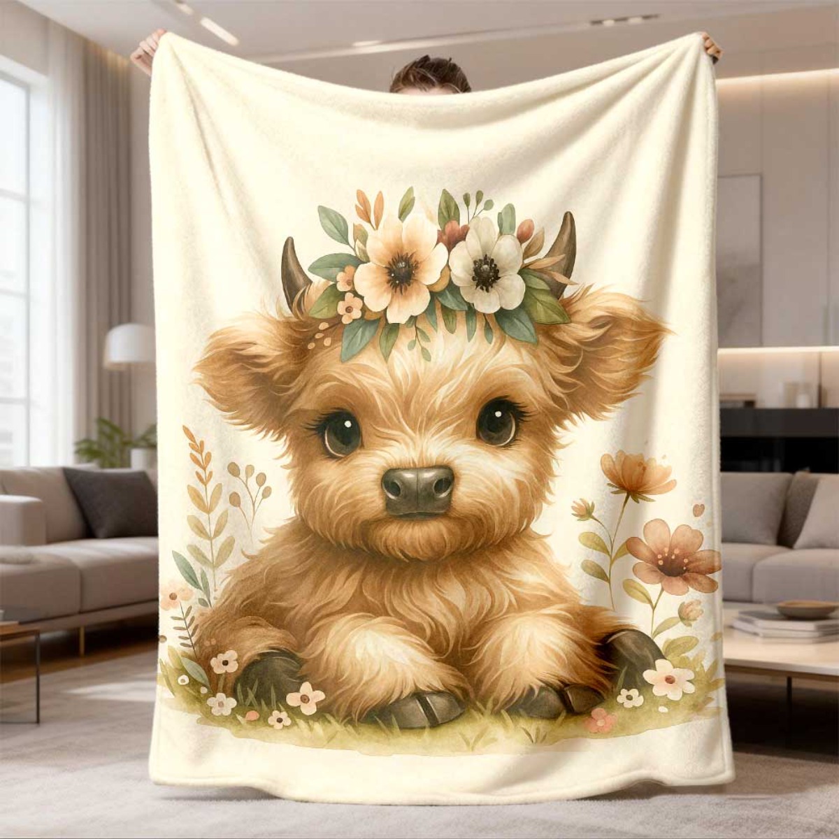 Highland Home Textiles - Kawaii Highland Calf Flower Pattern Flannel
