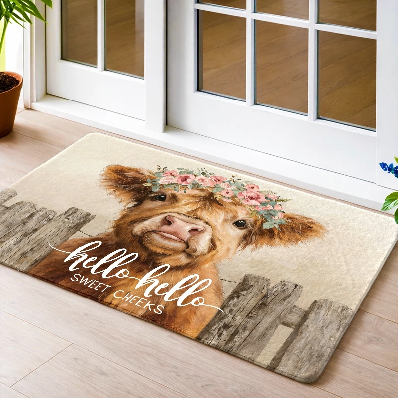 Highland Home Textiles - Highland Cow Flower Crown Floor Mat
